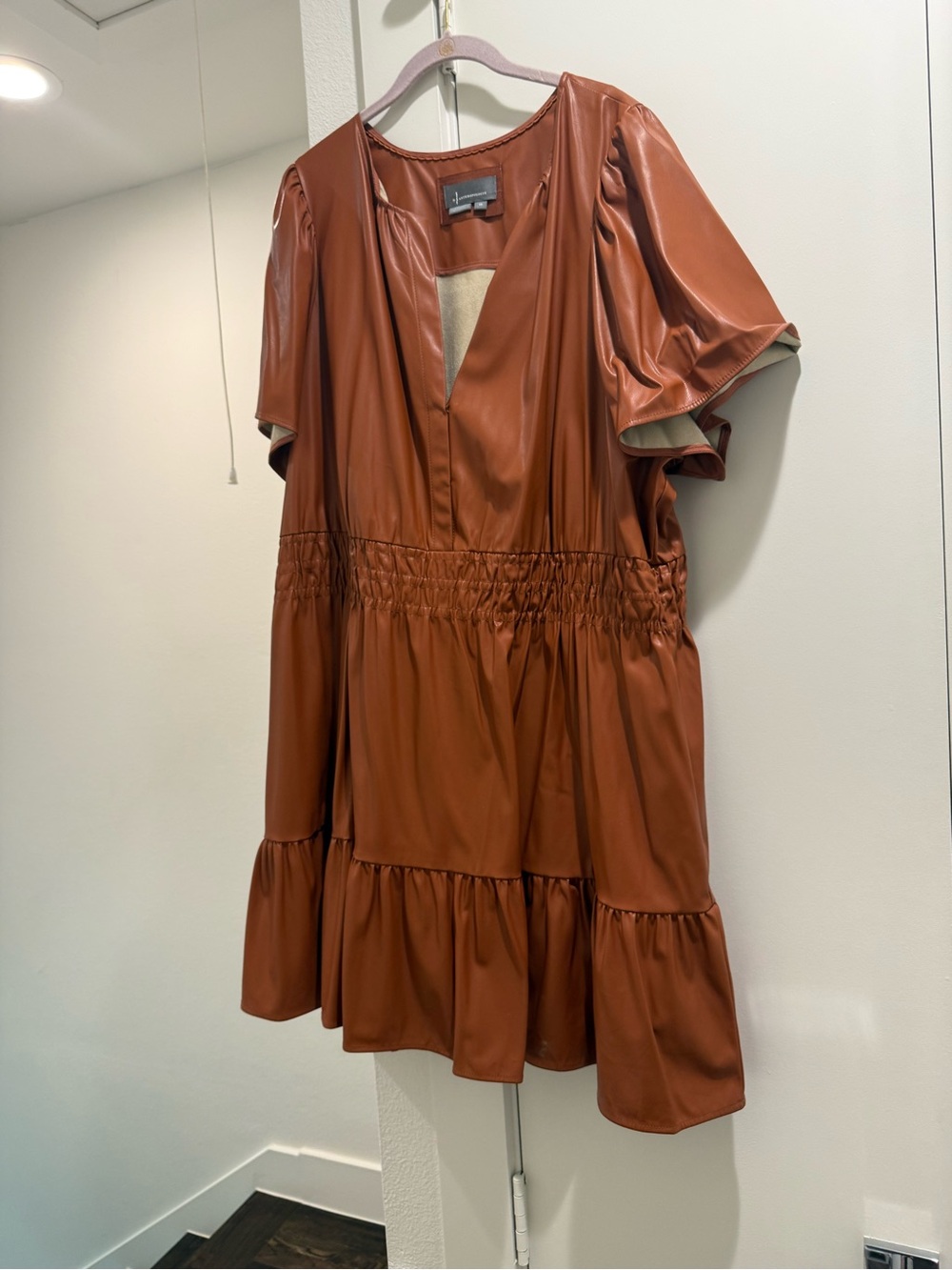 Anthropologie Faux Leather Tiered Mini Dress in Bark
